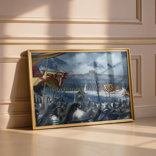 Framed artwork of a historical battle scene on a wall with decorative molding.