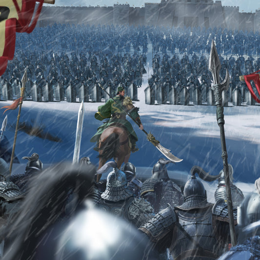 Illustration of a warrior, Guan Yu on horseback leading an army in a snowy landscape