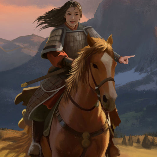 Mulan in armor riding a horse with mountains in the background.