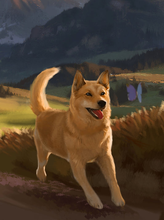 Dog running in a field with mountains in the background