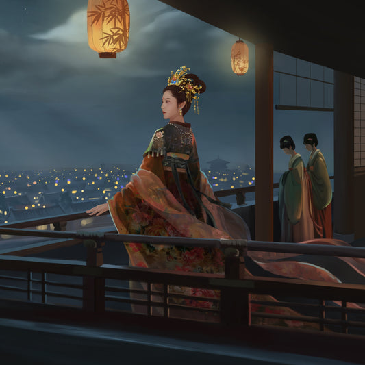 Yang Guifei in traditional Chinese attire sitting on a balcony with lanterns and a cityscape view at night.