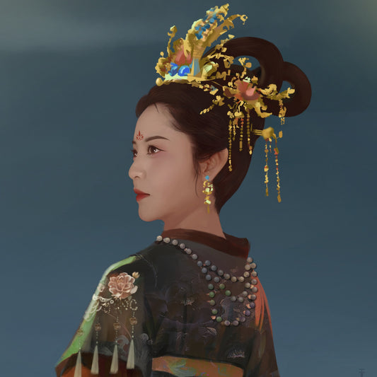 Yang Guifei with traditional Chinese attire with intricate headpiece against a dark background
